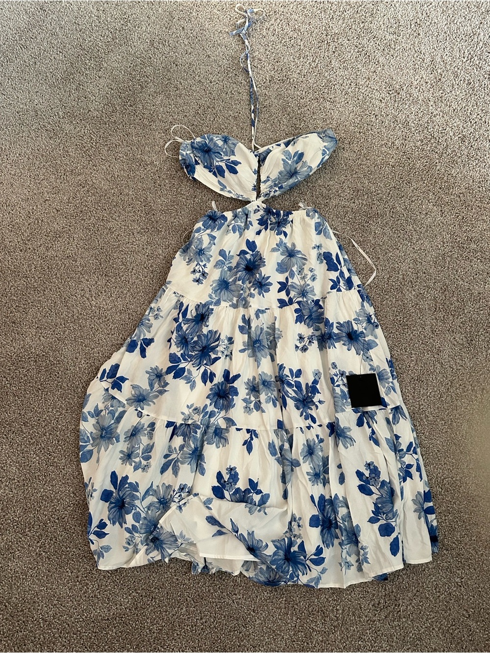 Lulu's White Midi halter Dress with Blue Floral Print